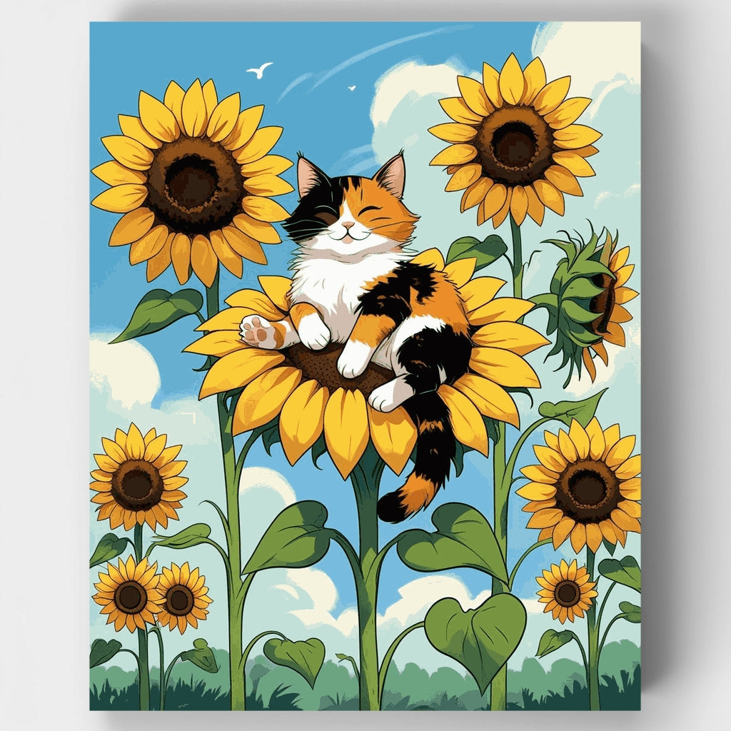 Gato calicó descansando sobre girasoles - Kit de pintura por números — Estándar