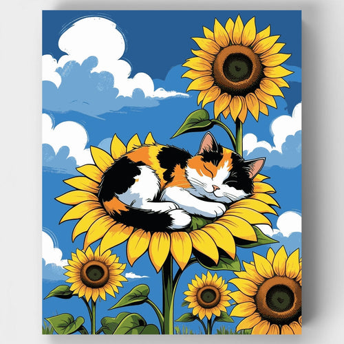 Sleeping Cat on Sunflower - Paint by Numbers Kit