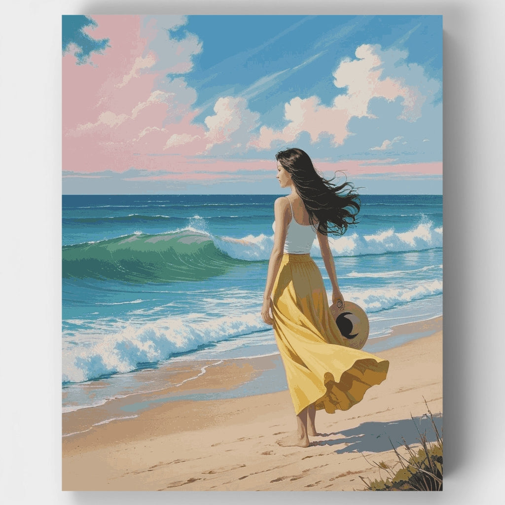 Mujer caminando en la playa al atardecer - Kit de pintura por números — Estándar