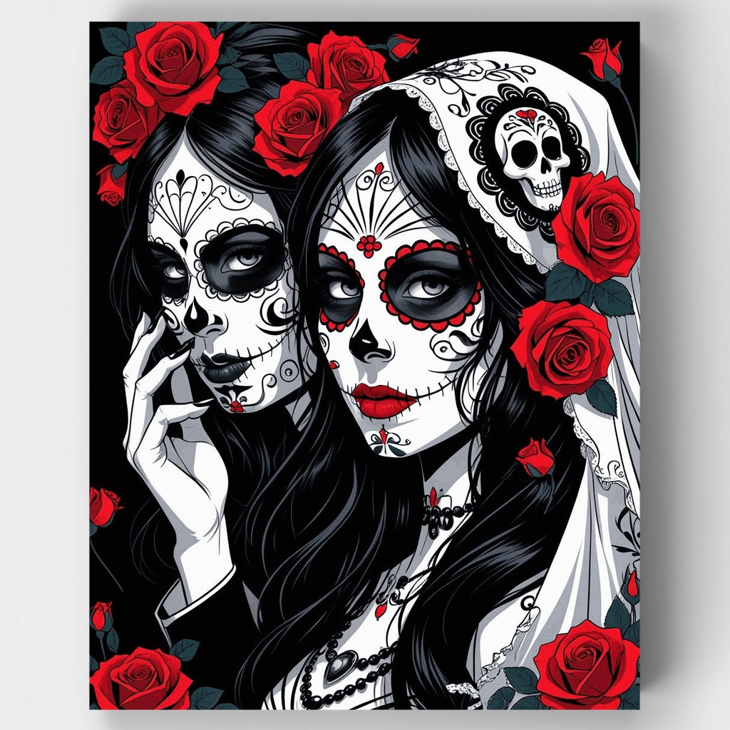 Kit de pintura por números: Hermanas calaveras de azúcar del Día de los Muertos — Estándar