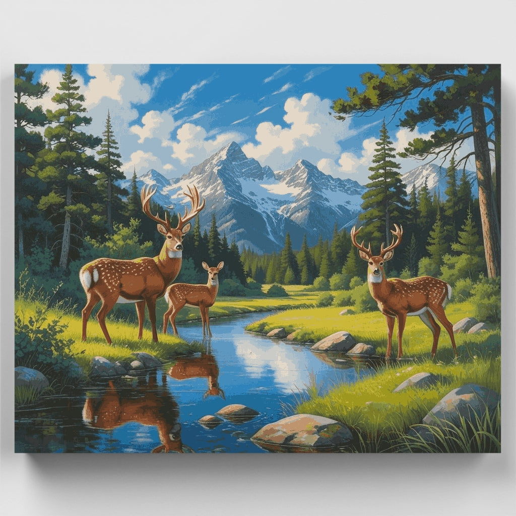 Deer Family by Mountain Stream - Paint by Numbers Kit