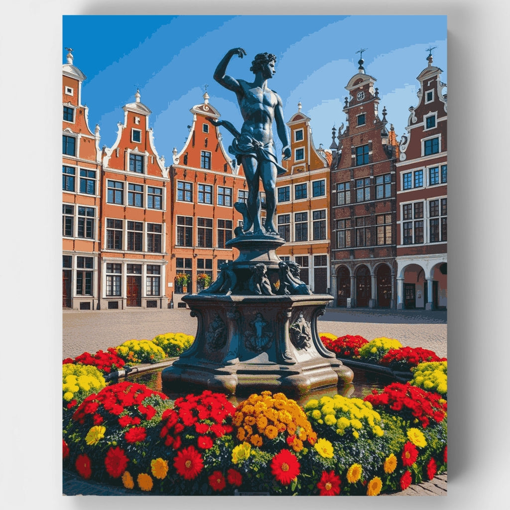 Belgian Town Square with Neptune Fountain - Paint by Numbers Kit