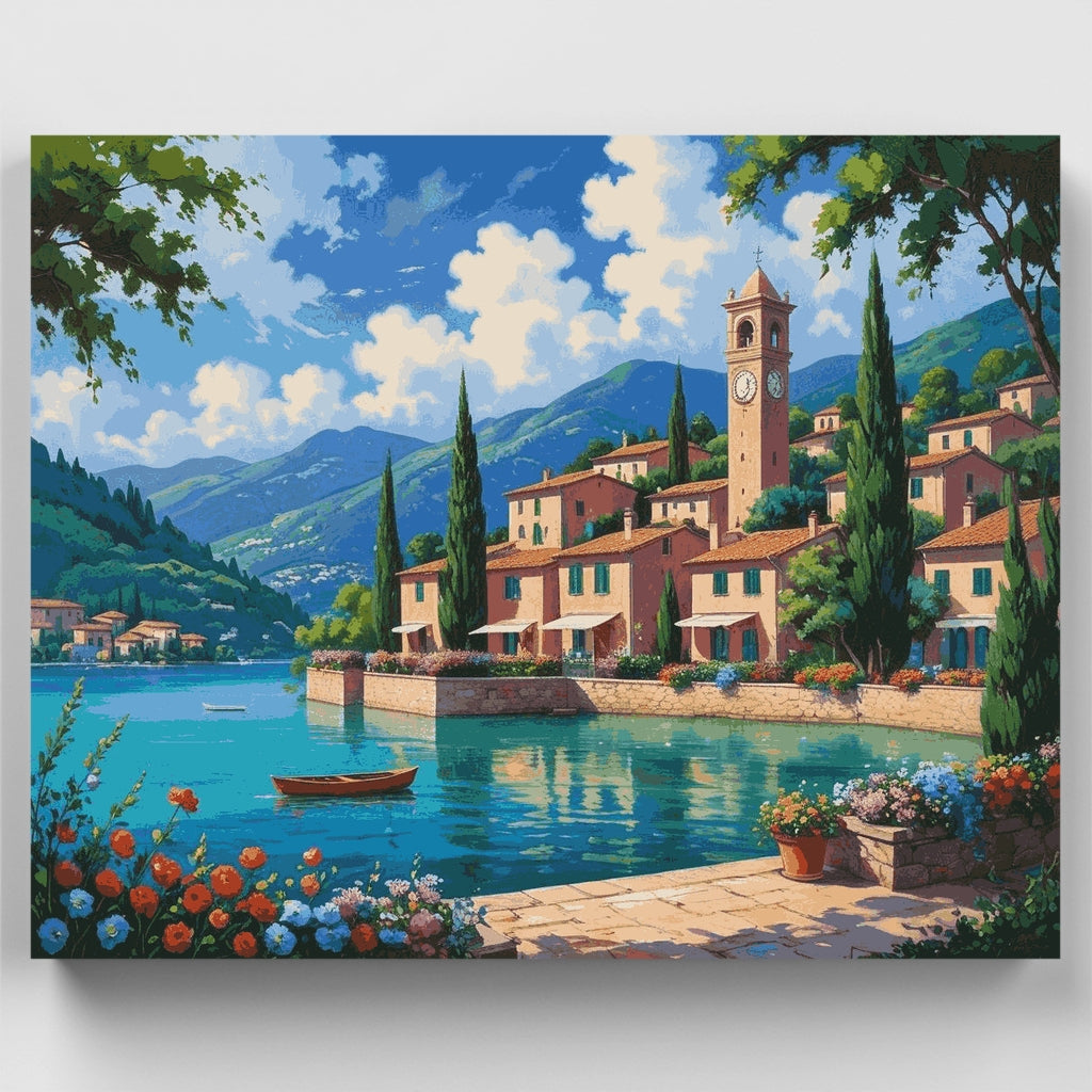Pueblo mediterráneo junto al lago - Kit de pintura por números — Estándar
