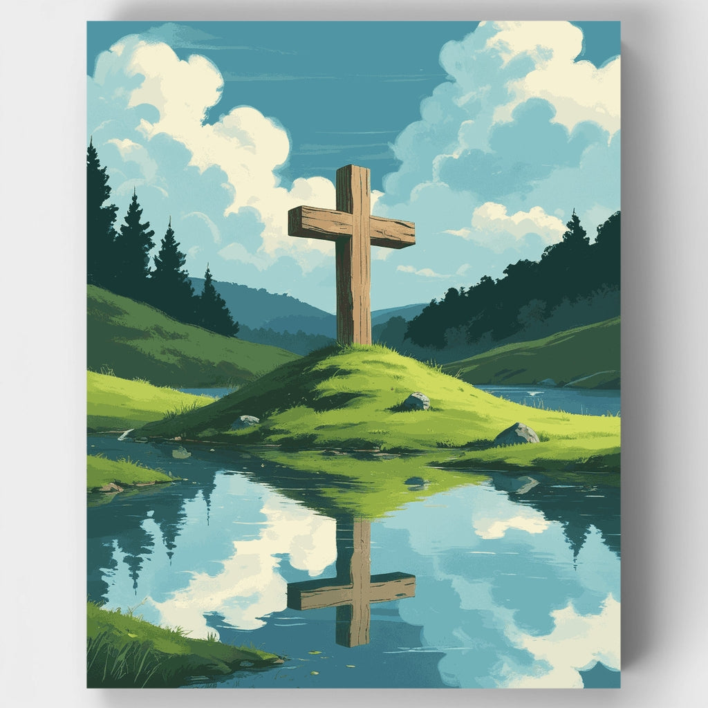 Cruz de madera en la cima de una colina - Kit de pintura por números — Estándar