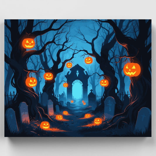 Spooky Halloween Cemetery with Glowing Jack-o'-Lanterns - Paint by Numbers Kit