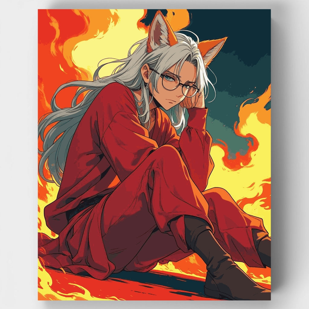 Kit de pintura por números: chica zorro anime con gafas en una escena de fuego — Estándar