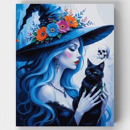 Mystical Witch with Black Cat and Floral Hat - Paint by Numbers Kit