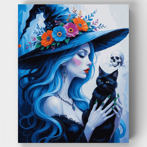 Mystical Witch with Black Cat and Floral Hat - Paint by Numbers Kit