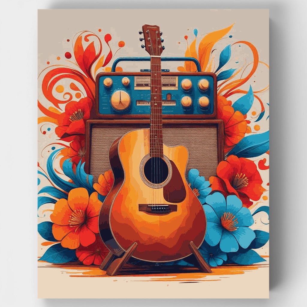 Kit de pintura por números: Guitarra vintage y radio con flores tropicales — Estándar
