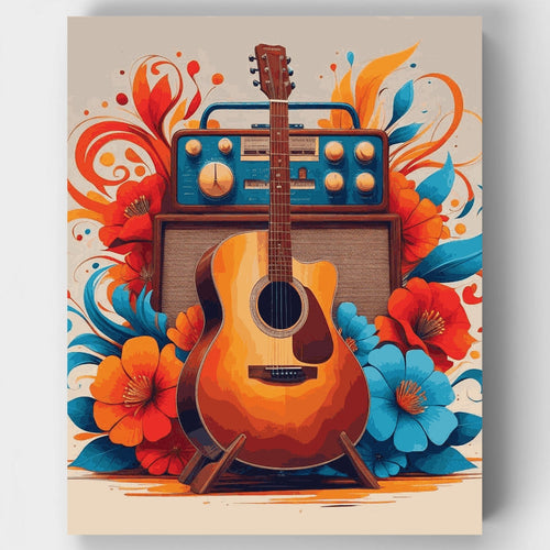 Vintage Guitar and Radio with Tropical Flowers - Paint by Numbers Kit