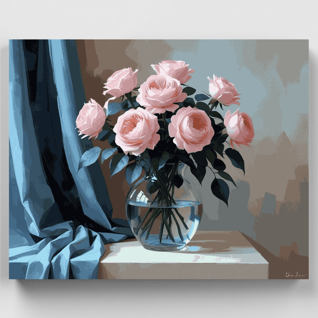 Rosas rosas en jarrón de cristal - Kit de pintura por números — Estándar