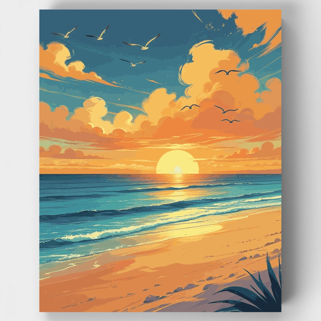 Paisaje marino en la hora dorada con gaviotas - Kit de pintura por números — Estándar