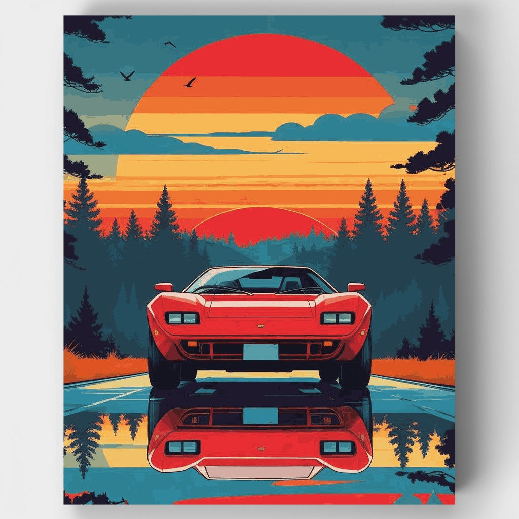 Kit de pintura por números: Superdeportivo retro al atardecer — Estándar