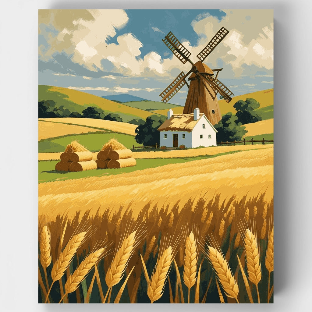 Golden Wheat Fields with Windmill - Paint by Numbers Kit