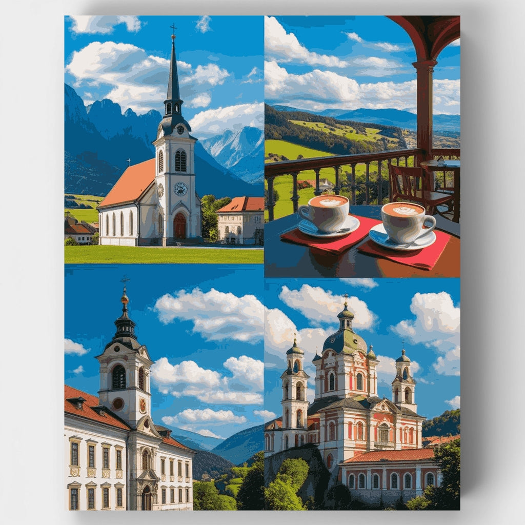 Iglesias alpinas austriacas y café - Kit de pintura por números — Estándar