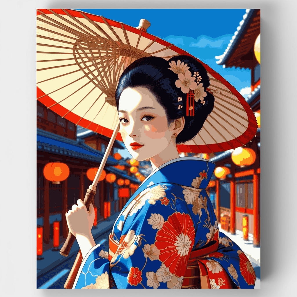 Geisha with Traditional Umbrella in Kyoto Street - Paint by Numbers Kit