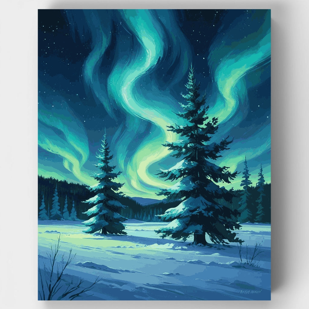 Kit de pintura por números - Bosque invernal con auroras boreales — Estándar
