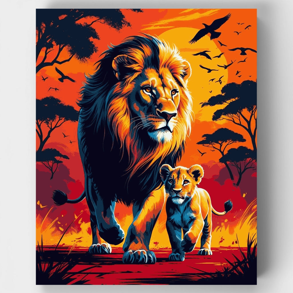 Kit de pintura por números: León majestuoso con su cachorro al atardecer africano — Estándar