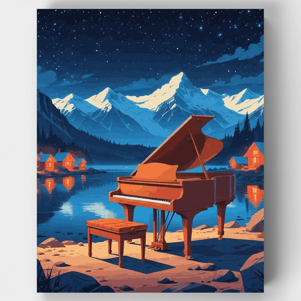 Kit de pintura por números: Piano en el lago a la luz de la luna — Estándar