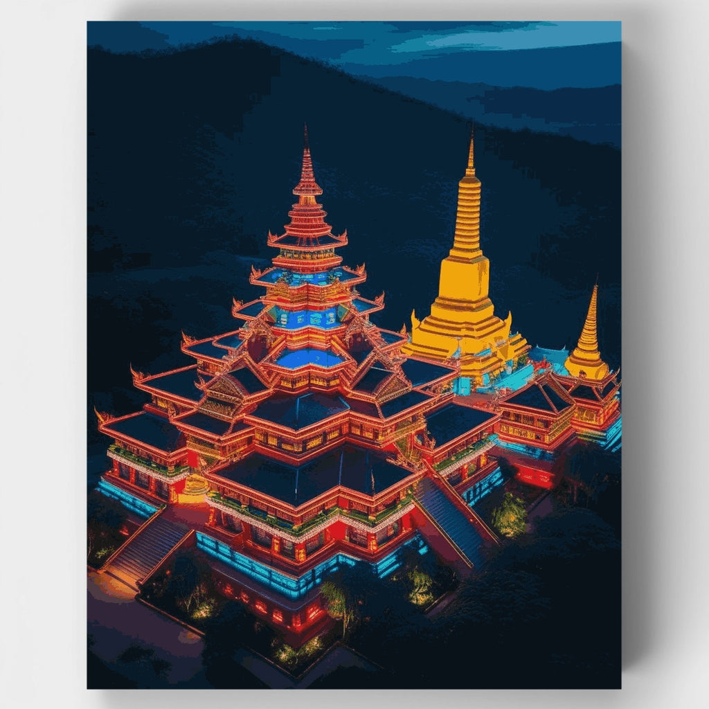 Illuminated Temple Complex at Dusk - Paint by Numbers Kit