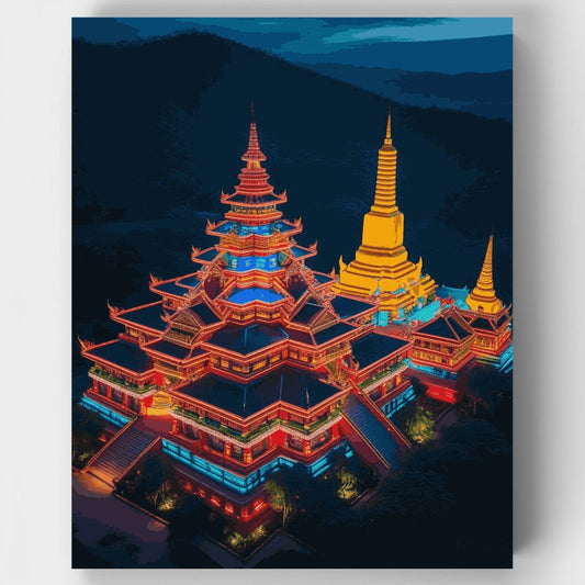 Illuminated Temple Complex at Dusk - Paint by Numbers Kit