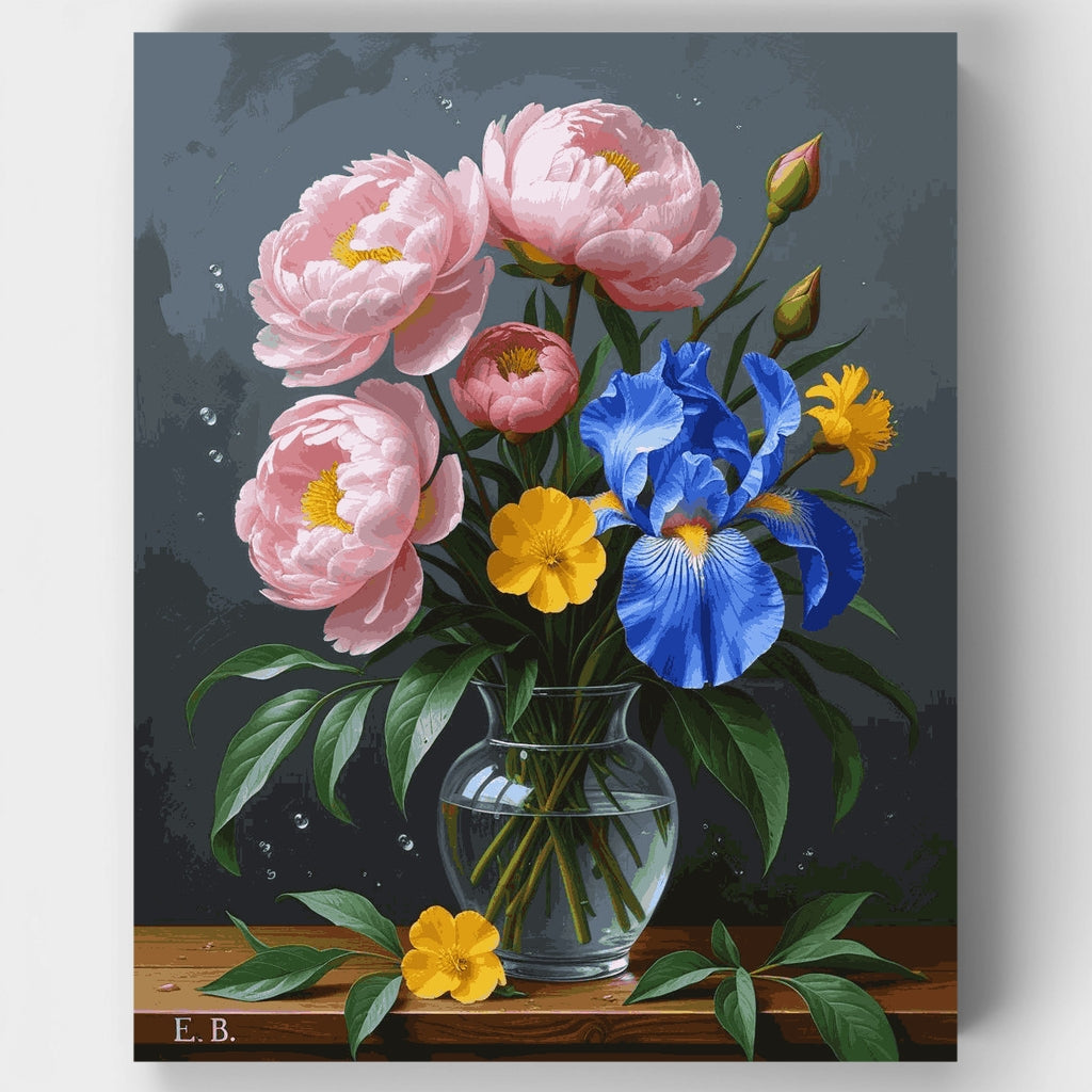 Elegant Mixed Flower Bouquet in Glass Vase - Paint by Numbers Kit
