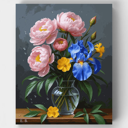 Elegant Mixed Flower Bouquet in Glass Vase - Paint by Numbers Kit