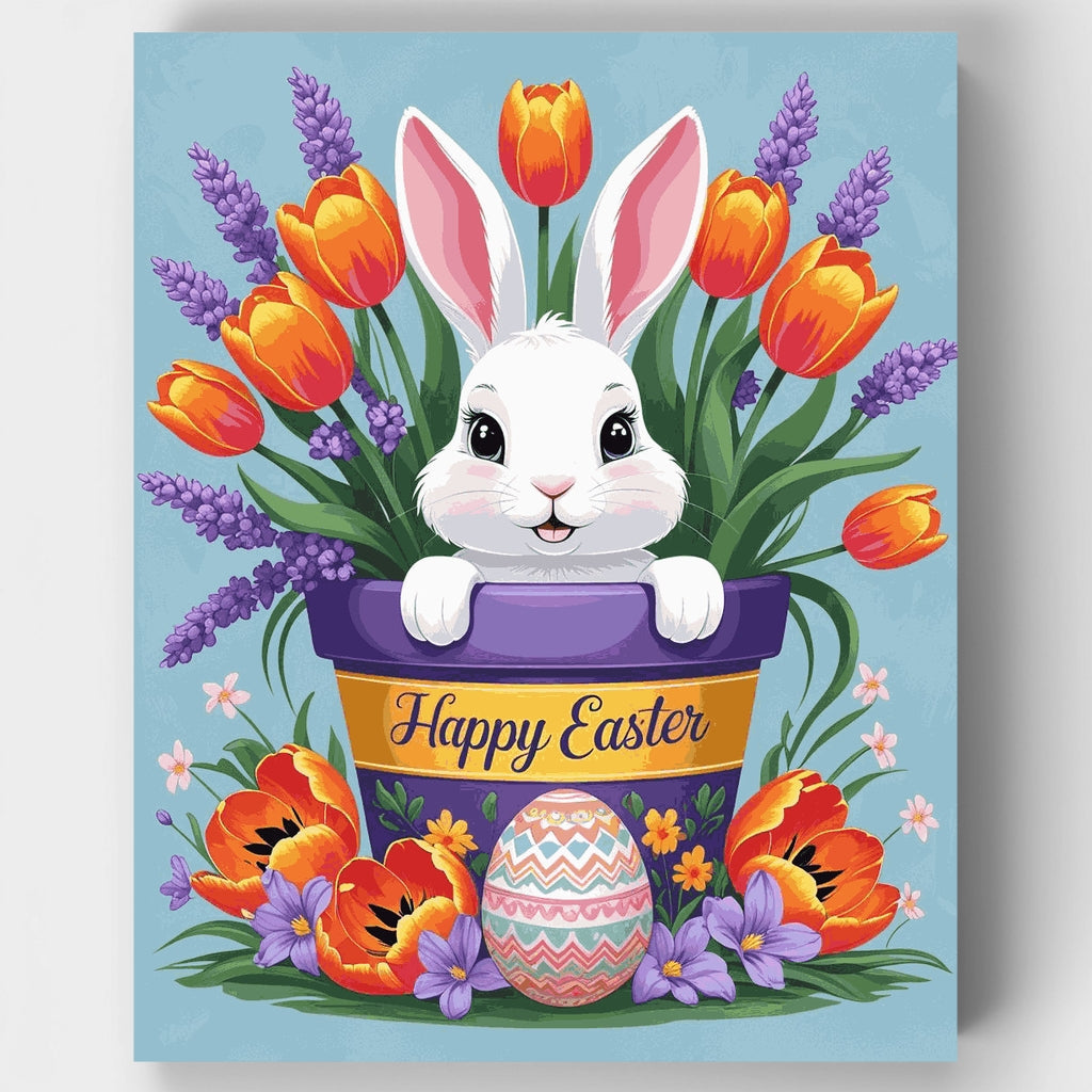 Conejo de Pascua feliz en maceta - Kit de pintura por números — Estándar