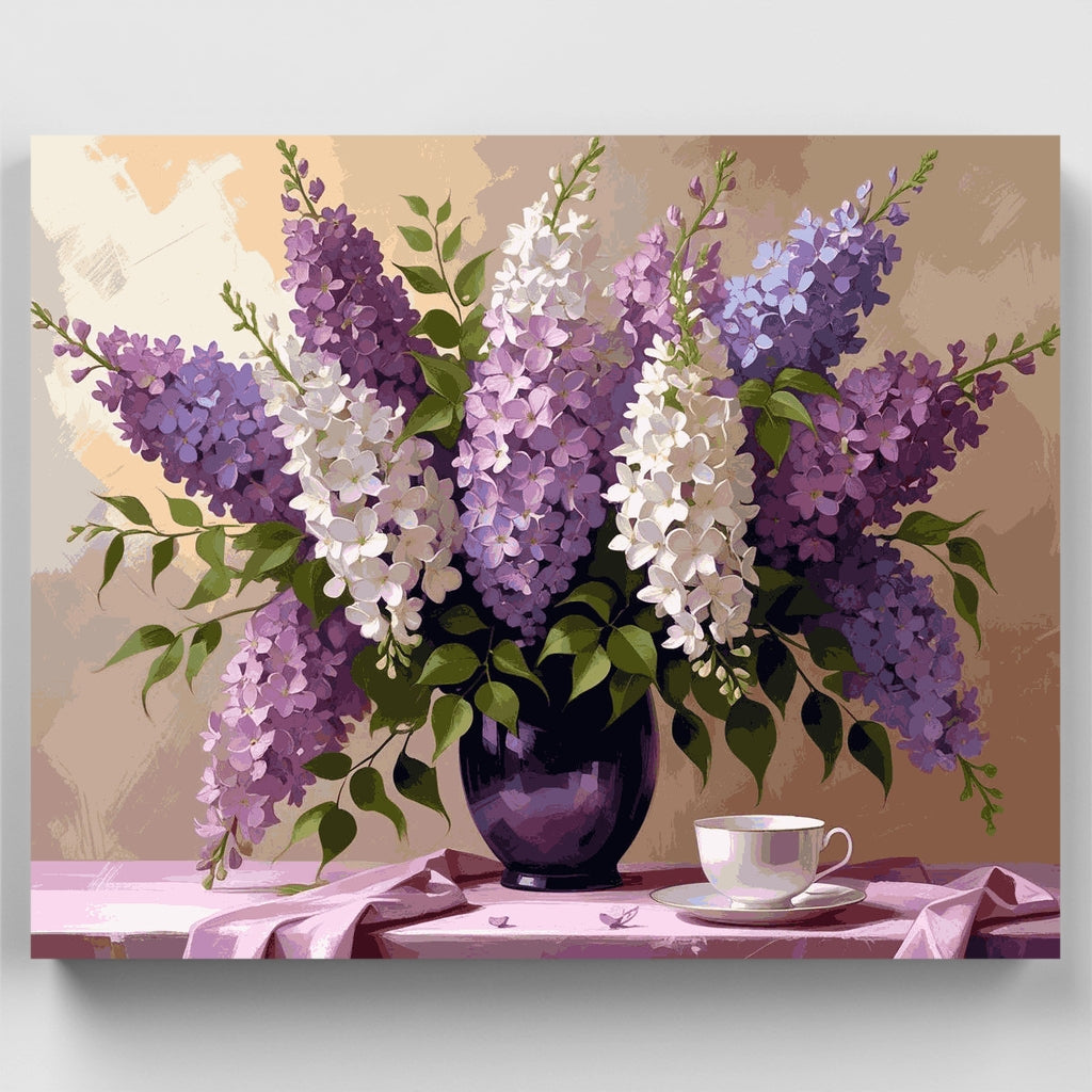 Kit de pintura por números: Elegante ramo de lilas con taza de té — Estándar