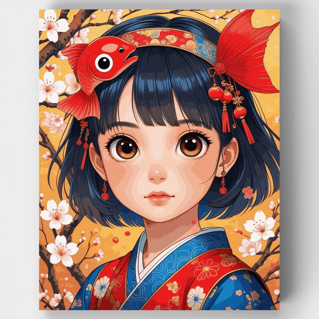 Chica japonesa con tocado de pez koi - Kit de pintura por números — Estándar