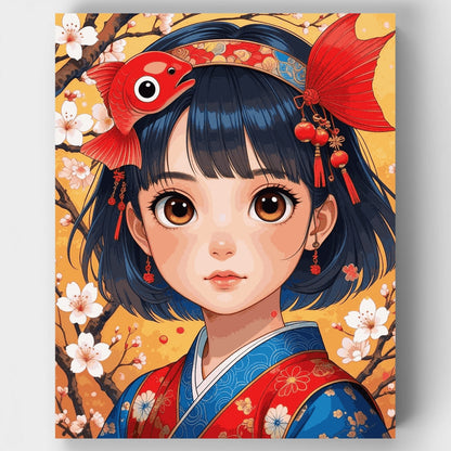 Japanese Girl with Koi Fish Headpiece - Paint by Numbers Kit