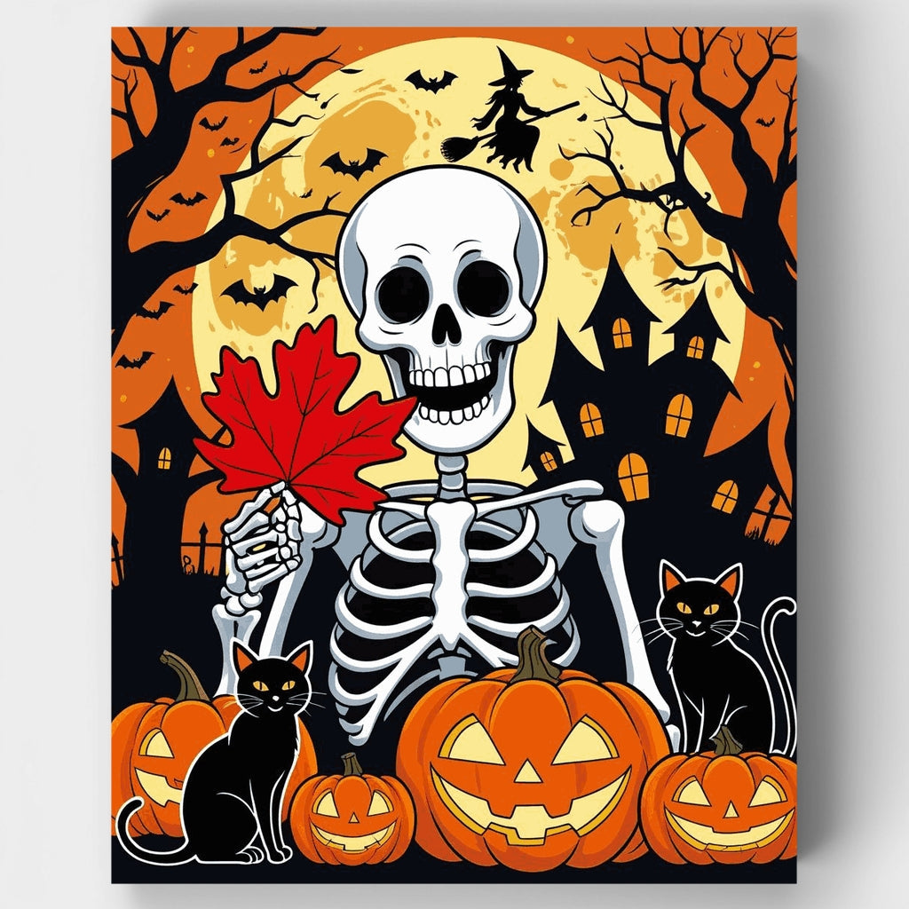 Esqueleto de Halloween con calabazas y gatos negros - Kit de pintura por números — Estándar