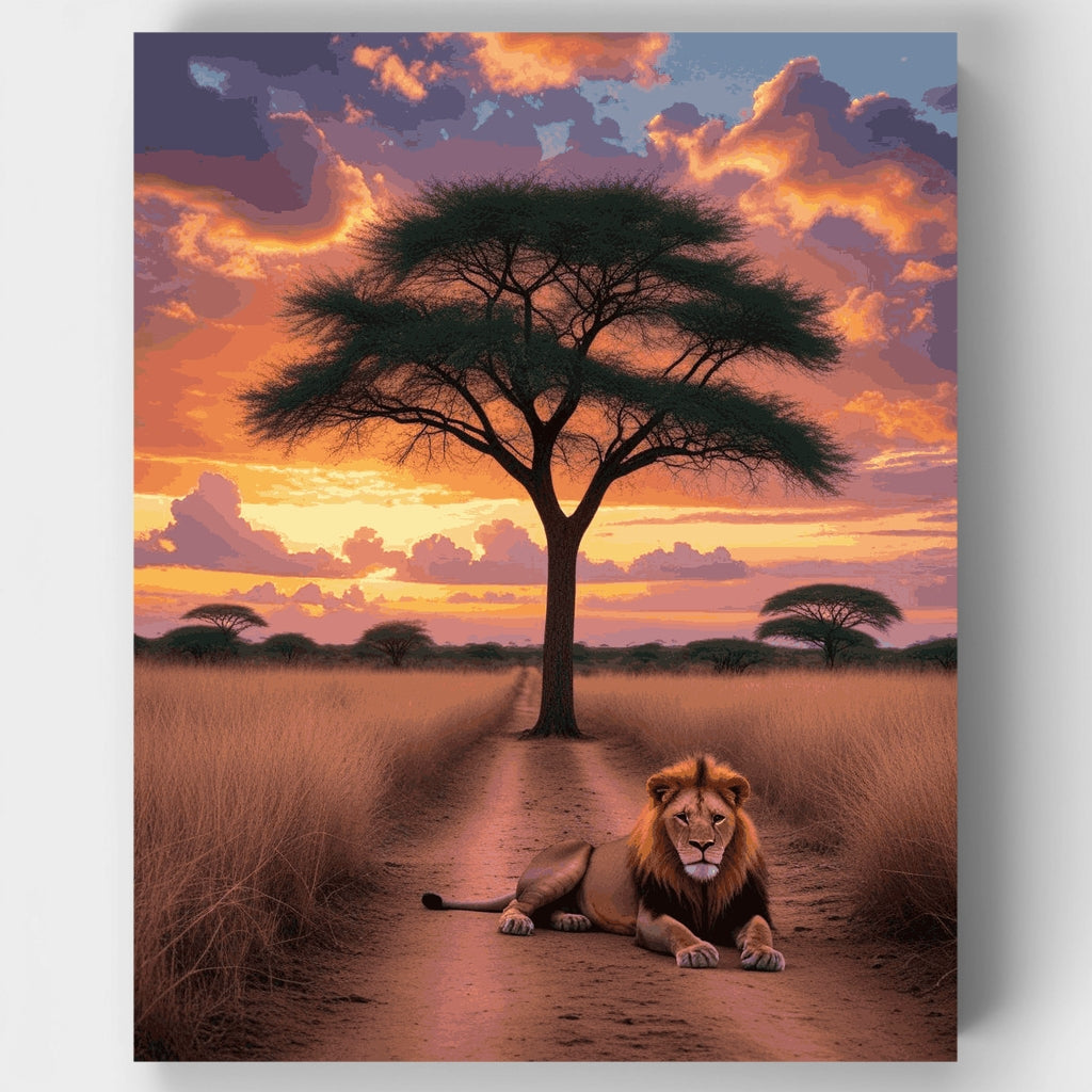 Kit de pintura por números: León de la sabana africana al atardecer — Estándar