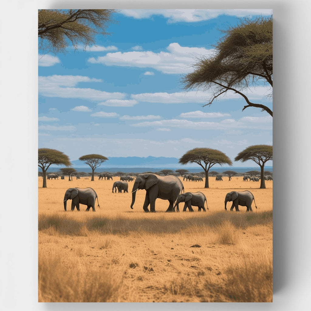Manada de elefantes africanos en las llanuras del Serengueti - Kit de pintura por números — Estándar
