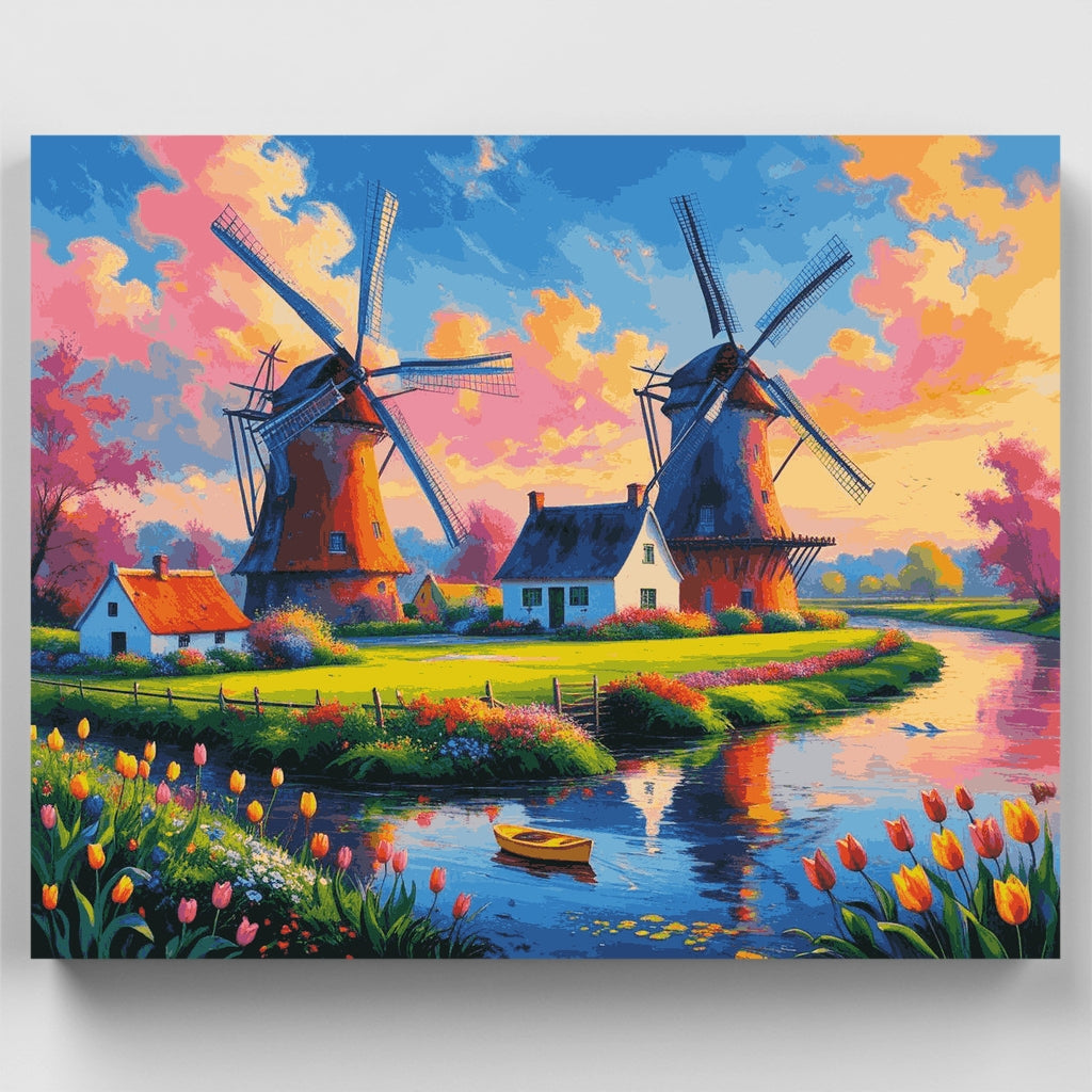 Dutch Windmills at Sunset - Paint by Numbers Kit