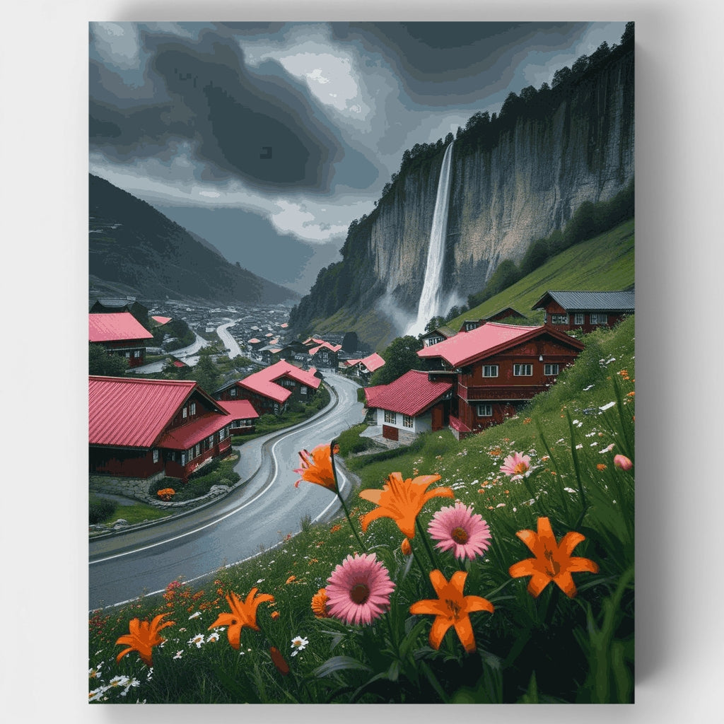 Pueblo alpino suizo con cascada - Kit de pintura por números — Estándar