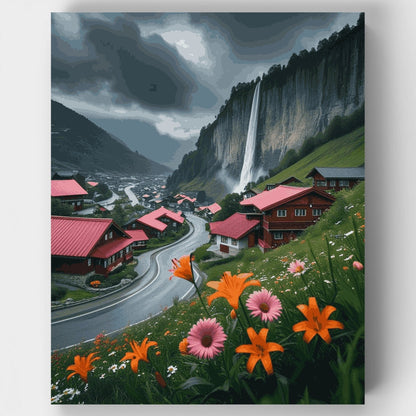 Swiss Alpine Village with Waterfall - Paint by Numbers Kit