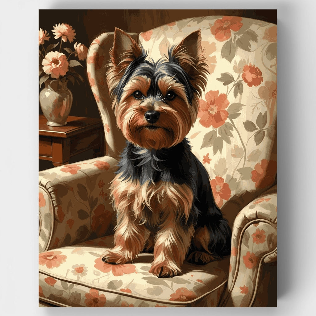 Yorkshire Terrier en silla floral - Kit de pintura por números — Estándar