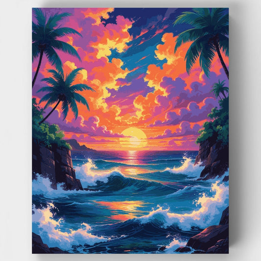 Tropical Sunset Cove with Palm Trees - Paint by Numbers Kit