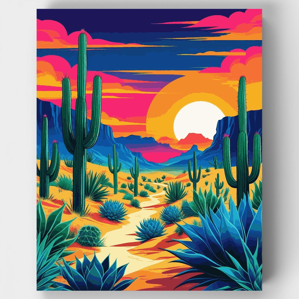 Kit de pintura por números: Paisaje de cactus al atardecer en el desierto — Estándar
