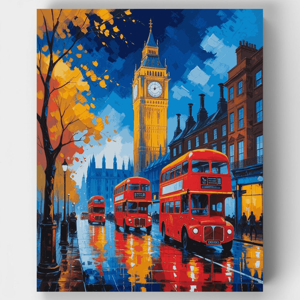 London Big Ben with Red Buses - Paint by Numbers Kit