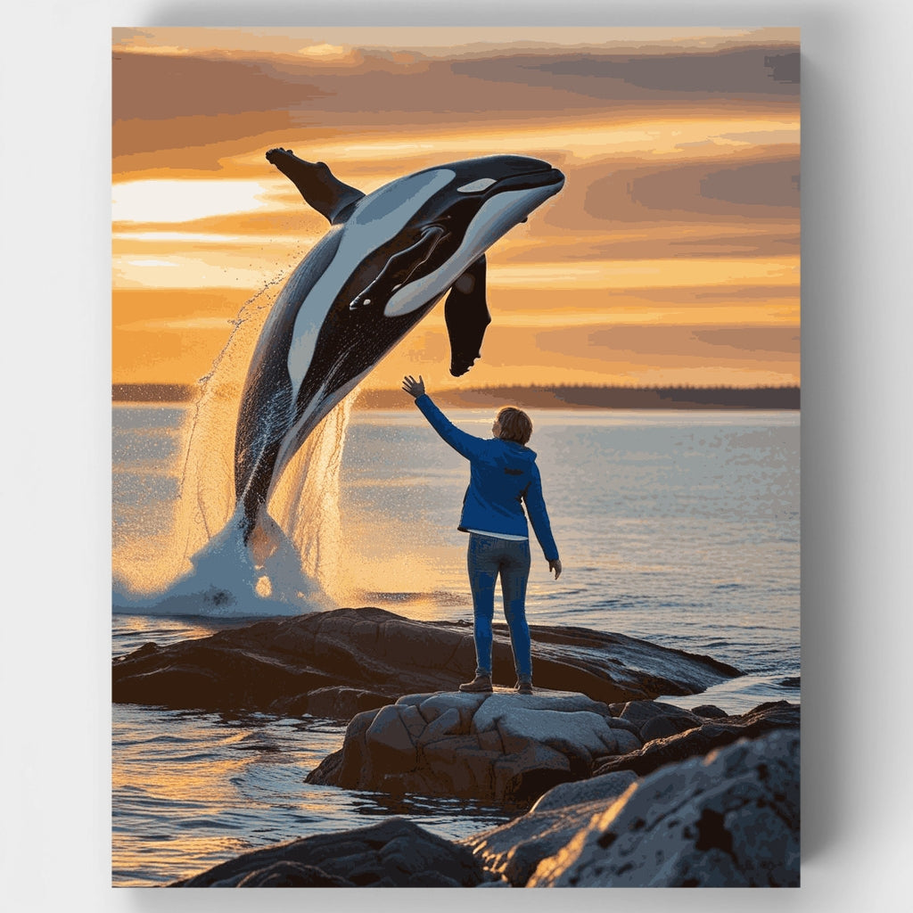 Kit de pintura por números: Orca saltando al atardecer — Estándar