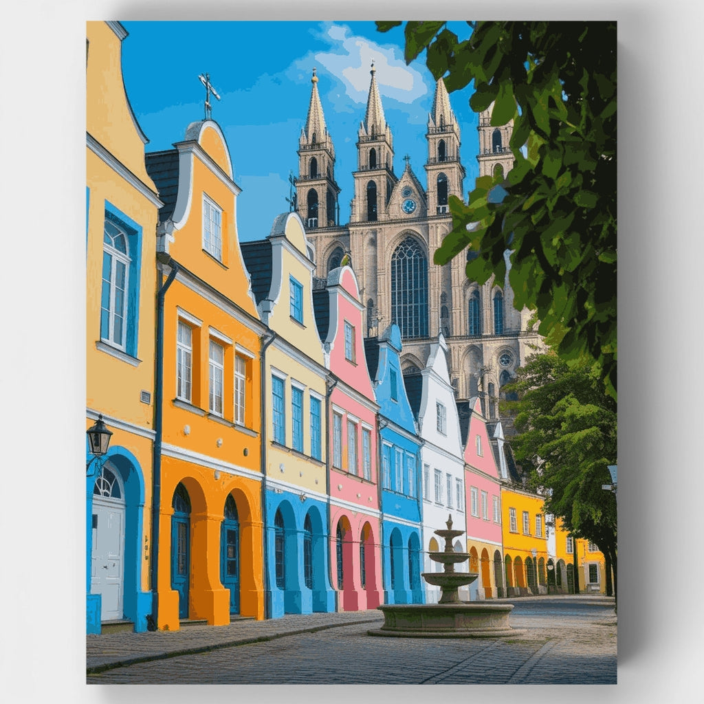 Plaza de pueblo europeo colorido, cielo despejado - Kit de pintura por números — Estándar