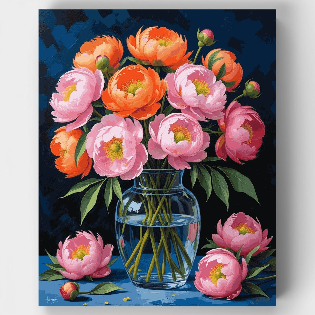 Peonías vibrantes en florero de cristal - Kit de pintura por números — Estándar