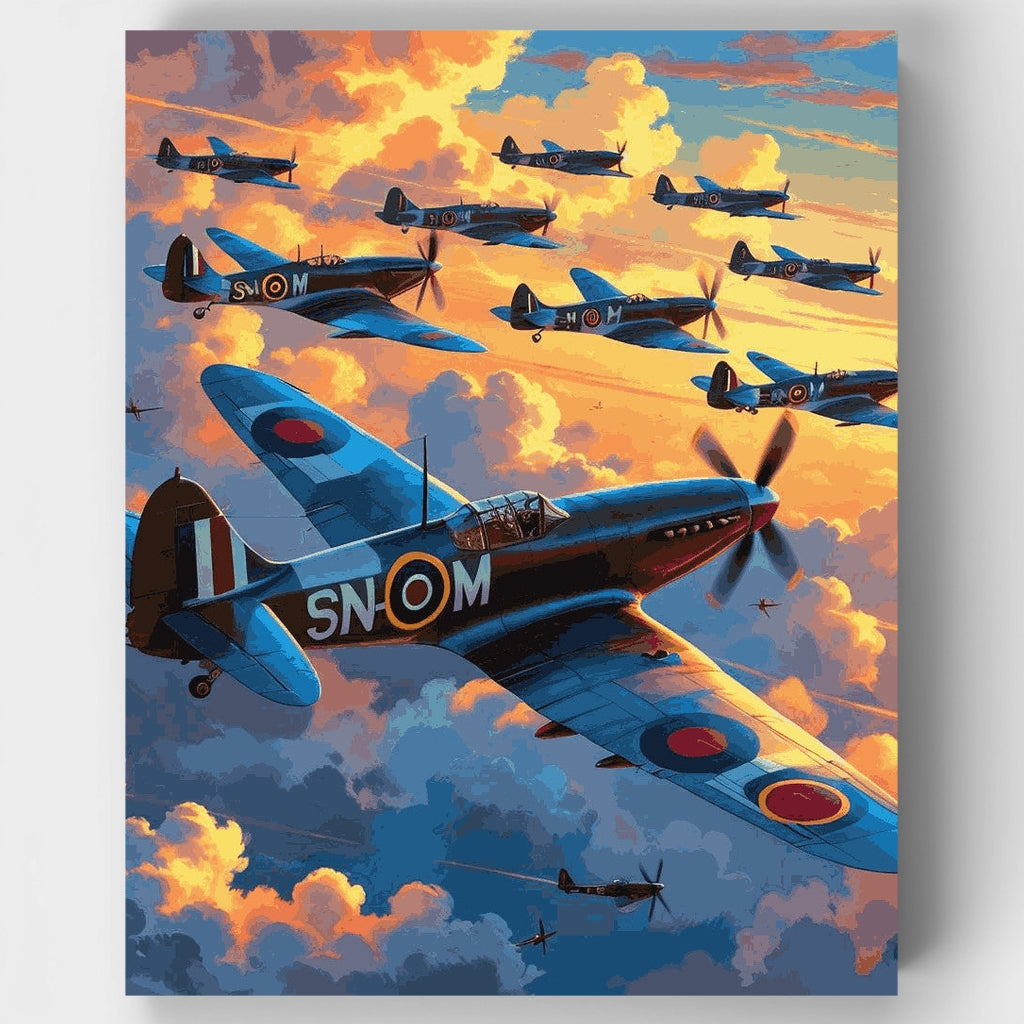 Kit de pintura por números: Escuadrón de Spitfires de la RAF al atardecer — Estándar