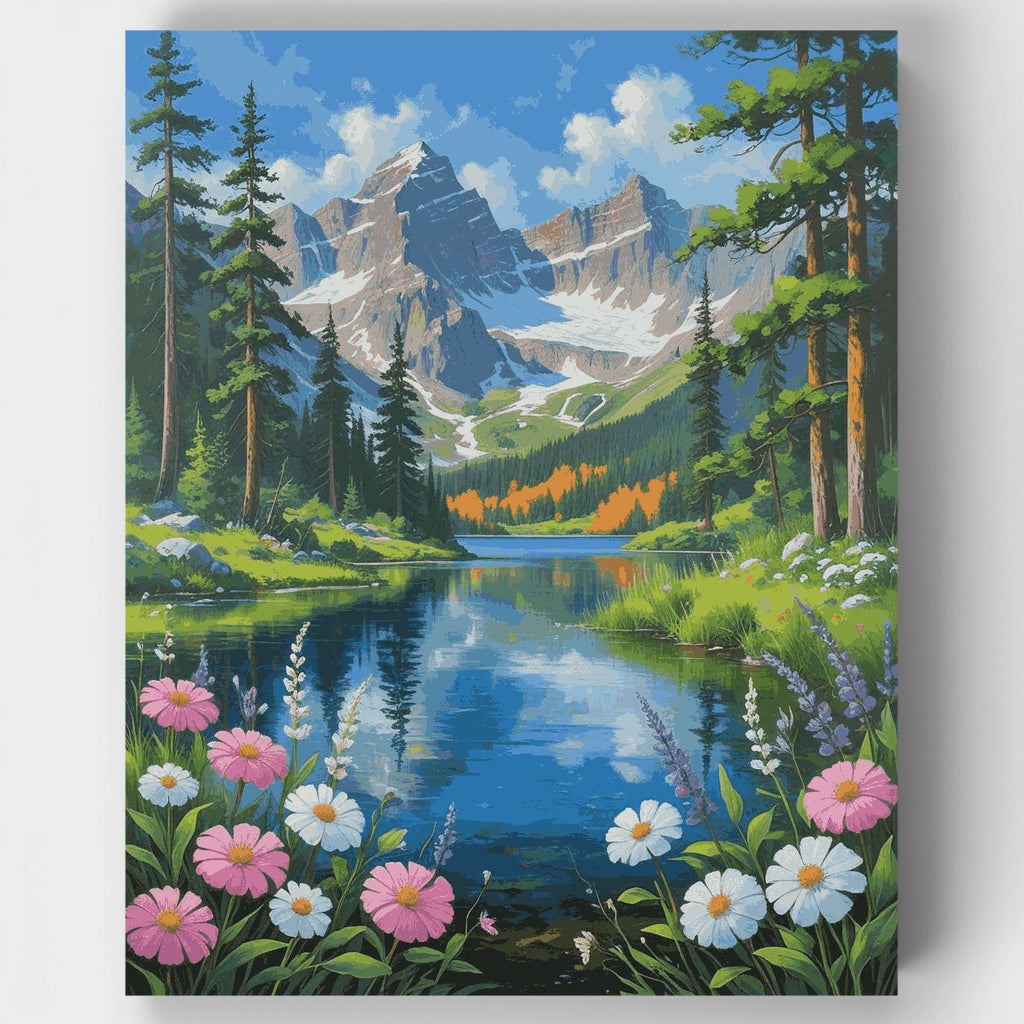 Paraíso de flores silvestres en el lago de montaña - Kit de pintura por números — Estándar