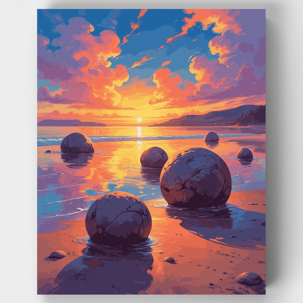 Kit de pintura por números - Atardecer en las rocas de Moeraki — Estándar