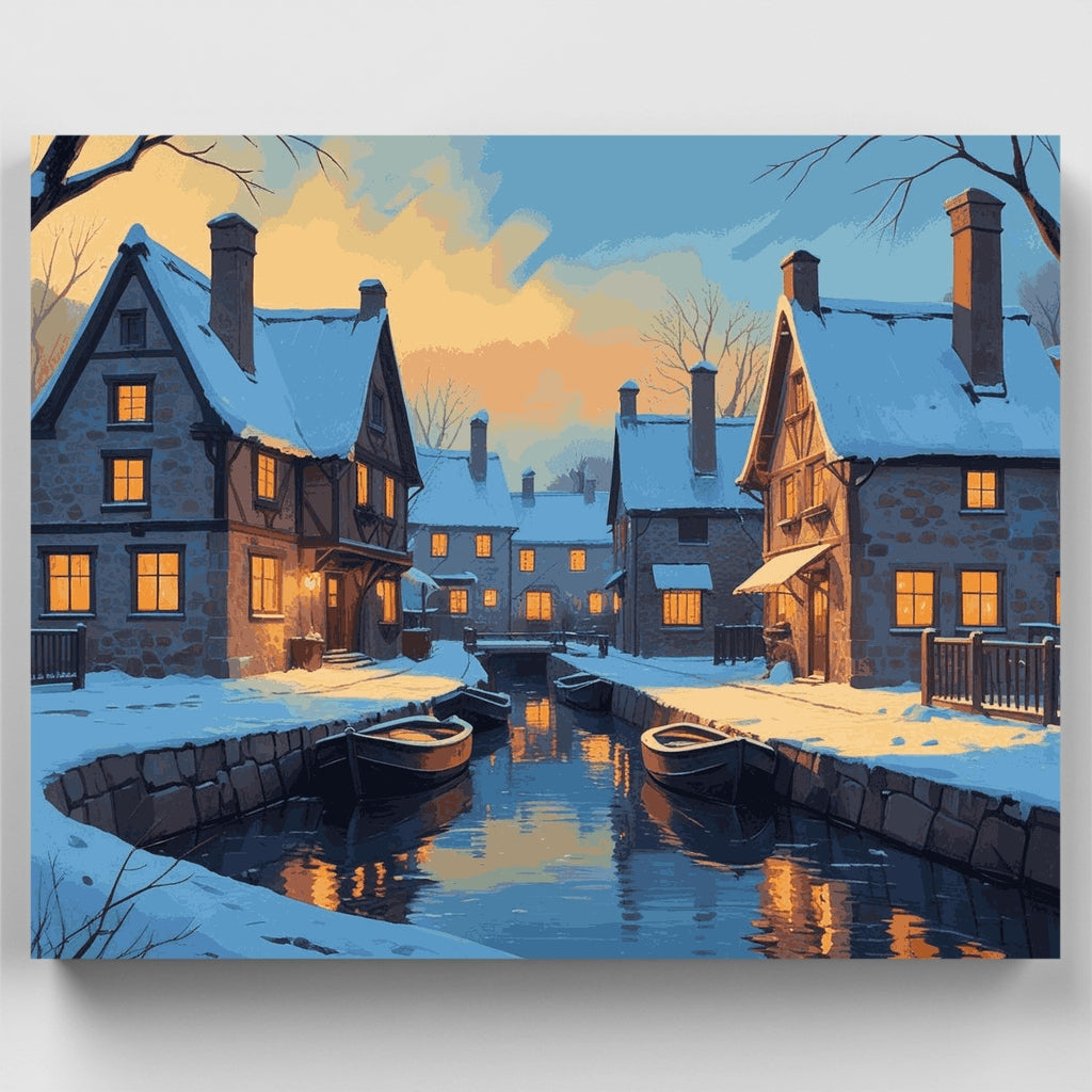 Kit de pintura por números: Canal de pueblo nevado con barcos — Estándar