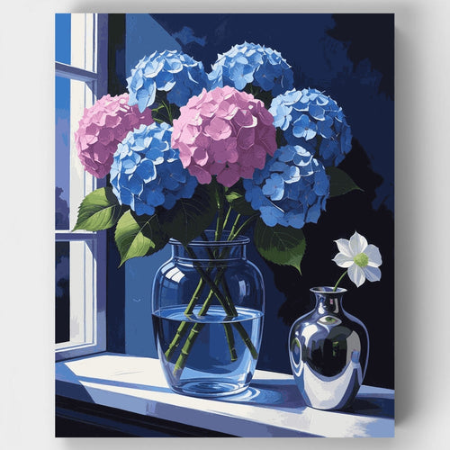 Blue and Pink Hydrangeas by Window - Paint by Numbers Kit