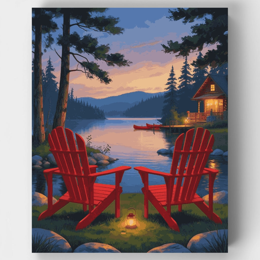 Kit de pintura por números: Serenidad al atardecer en la cabaña del lago — Estándar